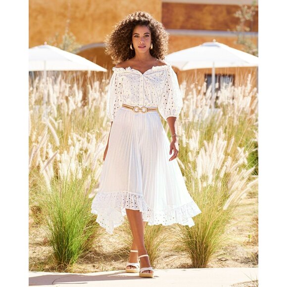 Boston Proper White Pleated Eyelet Hem Midi Skirt A Line Lace Trim Beachy Boho L - Picture 1 of 7